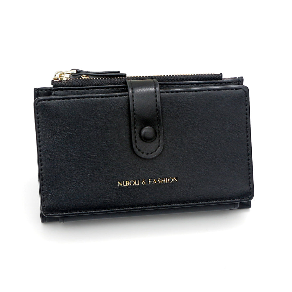 Black Compact Bifold Wallet for Women - High Capacity PU Leather Purse with Zipper Coin Pocket V888-ELOSUNG36445