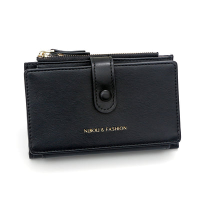 Black Compact Bifold Wallet for Women - High Capacity PU Leather Purse with Zipper Coin Pocket V888-ELOSUNG36445