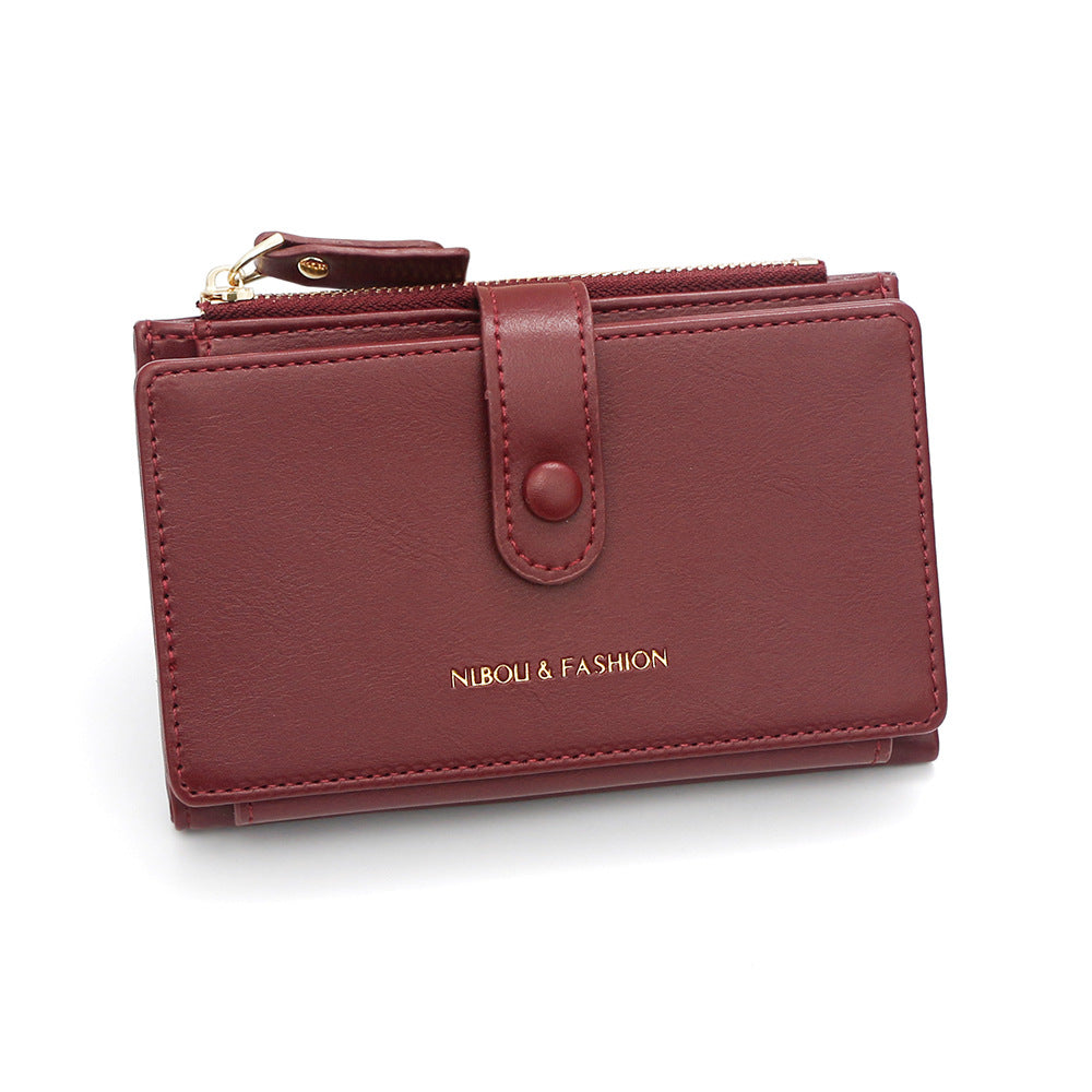 Dark Red Compact Bifold Wallet for Women - High Capacity PU Leather Purse with Zipper Coin Pocket V888-ELOSUNG36448