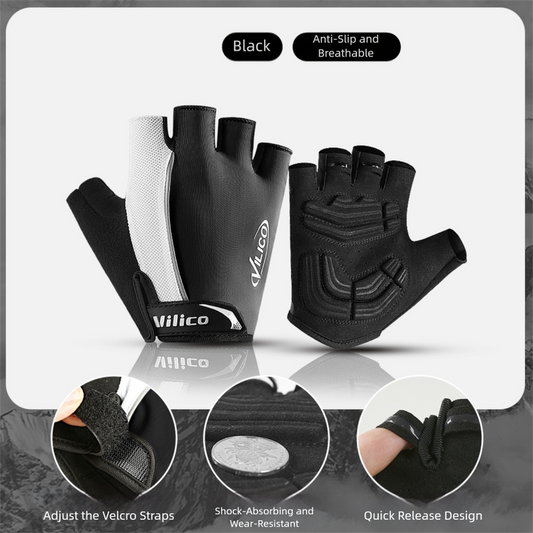 Size M Black Padded Half-Finger Cycling Gloves - Breathable Shock-Absorbing Workout Gloves for Gym & Fitness V888-ELOSUNG36457