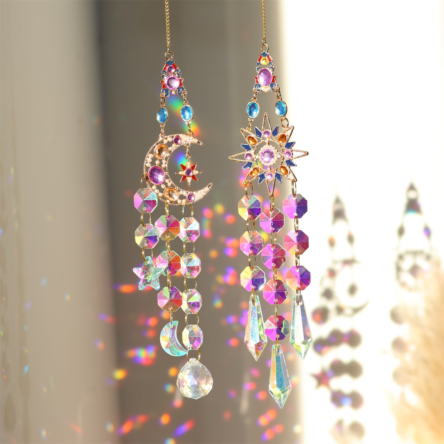 Colorful Dazzling Celestial Crystal Suncatcher - Moon Shape Rainbow Maker Window Hanging Ornament V888-ELOSUNG36465