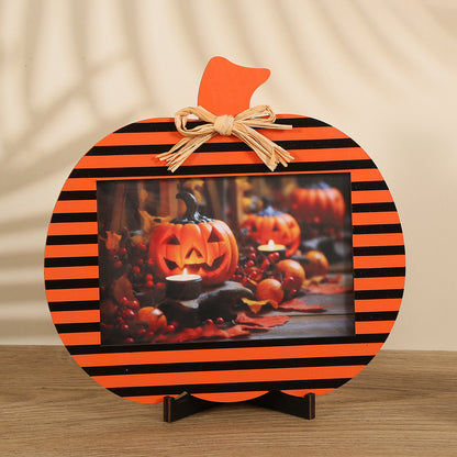 Black and Orange Stripes Pattern Festive Pumpkin Photo Frame - Rustic Halloween Tabletop Picture Holder V888-ELOSUNG36467