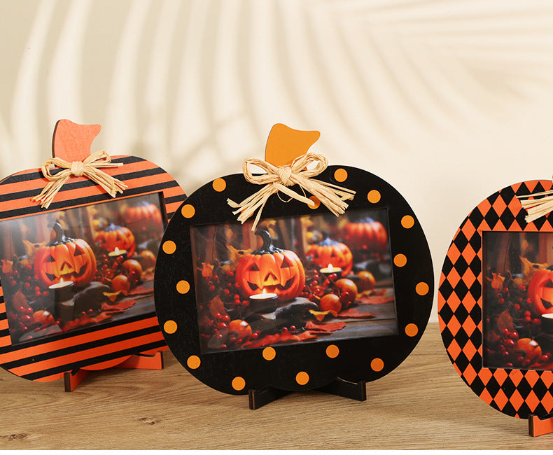 Black and Orange Stripes Pattern Festive Pumpkin Photo Frame - Rustic Halloween Tabletop Picture Holder V888-ELOSUNG36467