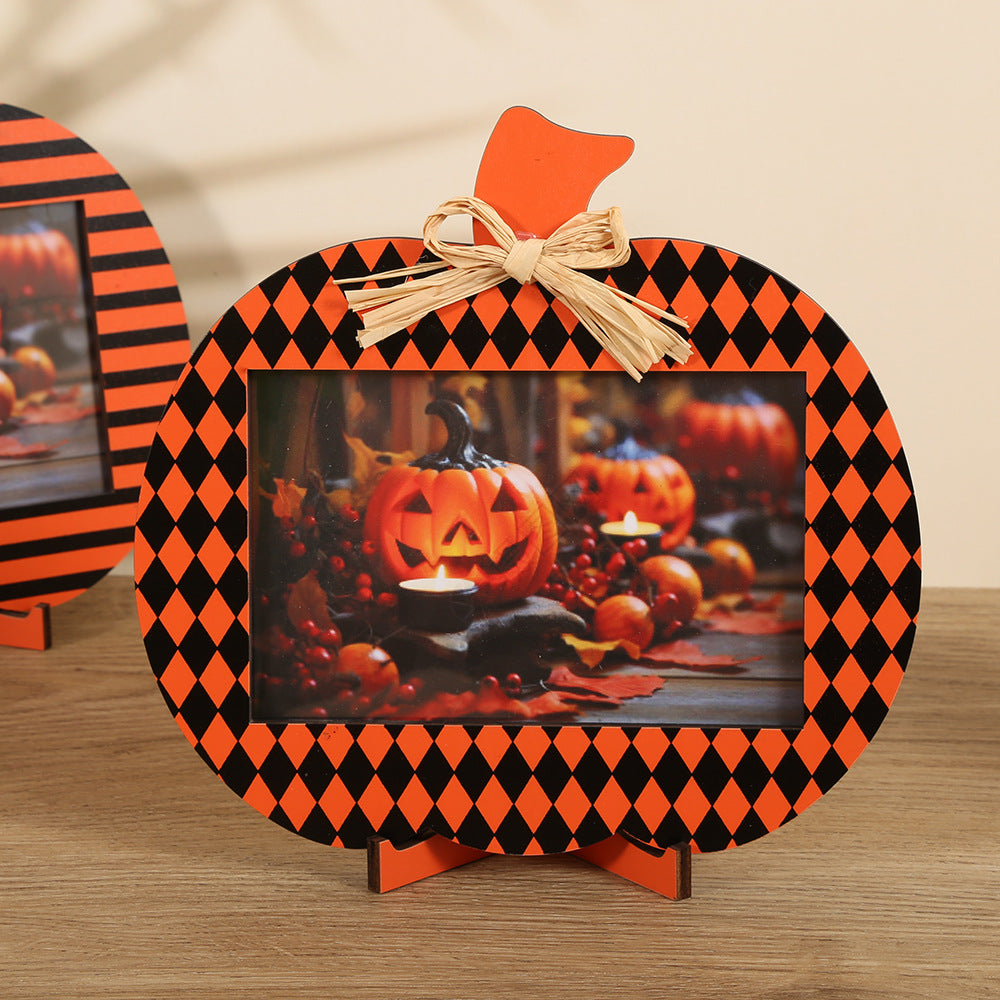 Black and Orange Plaid Pattern Festive Pumpkin Photo Frame - Rustic Halloween Tabletop Picture Holder V888-ELOSUNG36468