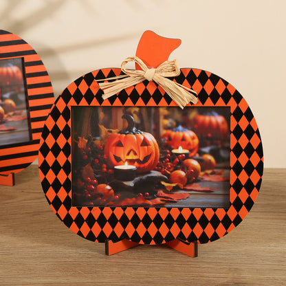 Black and Orange Plaid Pattern Festive Pumpkin Photo Frame - Rustic Halloween Tabletop Picture Holder V888-ELOSUNG36468