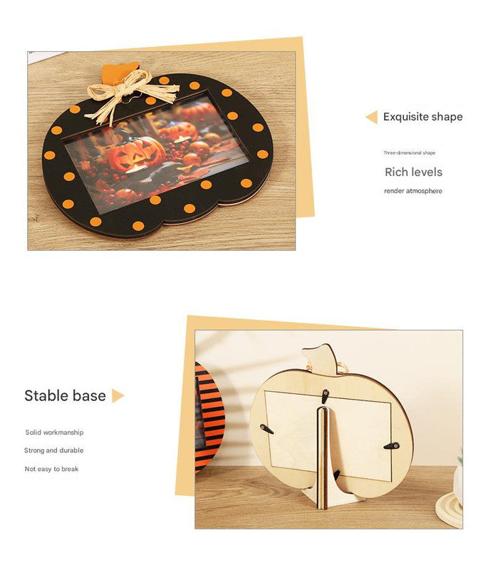 Black and Orange Plaid Pattern Festive Pumpkin Photo Frame - Rustic Halloween Tabletop Picture Holder V888-ELOSUNG36468