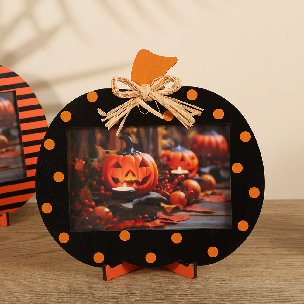 Black and Orange Polka Dot Pattern Festive Pumpkin Photo Frame - Rustic Halloween Tabletop Picture Holder V888-ELOSUNG36469