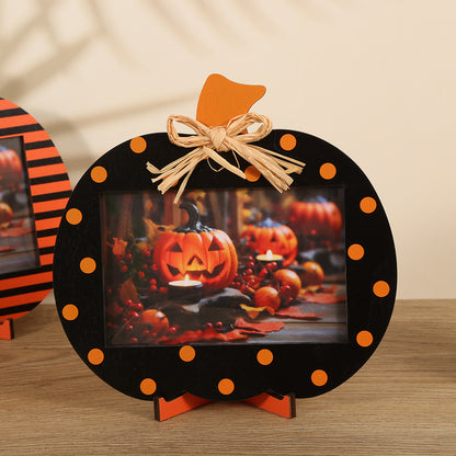 Black and Orange Polka Dot Pattern Festive Pumpkin Photo Frame - Rustic Halloween Tabletop Picture Holder V888-ELOSUNG36469