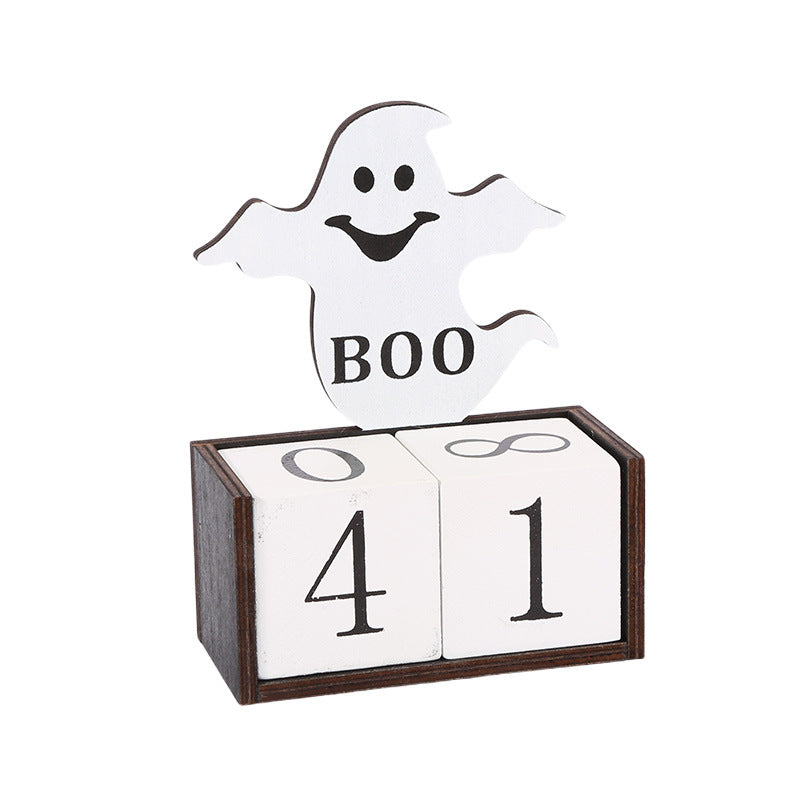 White Ghost Shape Festive Halloween Countdown Blocks - Reusable Wooden Perpetual Calendar for Desk Decor V888-ELOSUNG36471
