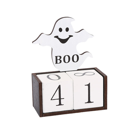 White Ghost Shape Festive Halloween Countdown Blocks - Reusable Wooden Perpetual Calendar for Desk Decor V888-ELOSUNG36471