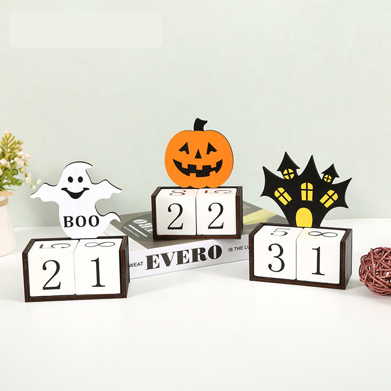 White Ghost Shape Festive Halloween Countdown Blocks - Reusable Wooden Perpetual Calendar for Desk Decor V888-ELOSUNG36471