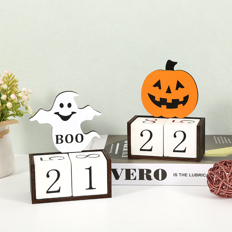 White Ghost Shape Festive Halloween Countdown Blocks - Reusable Wooden Perpetual Calendar for Desk Decor V888-ELOSUNG36471