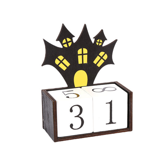 Black Castle Shape Festive Halloween Countdown Blocks - Reusable Wooden Perpetual Calendar for Desk Decor V888-ELOSUNG36472