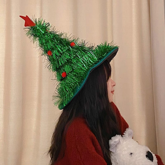 Green Sparkly Tinsel Christmas Tree Hat - Festive Holiday Party Headwear for Adults & Kids V888-ELOSUNG36474