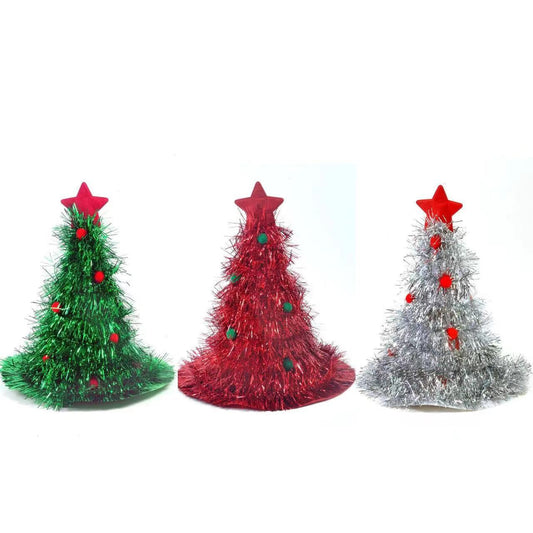 Green Sparkly Tinsel Christmas Tree Hat - Festive Holiday Party Headwear for Adults & Kids V888-ELOSUNG36474