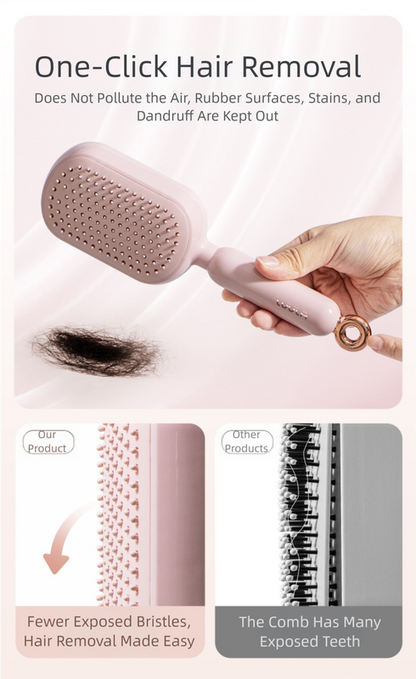 Pink Innovative Self-Cleaning Cushion Hairbrush - Retractable Bristle Detangling & Scalp Massager V888-ELOSUNG36477