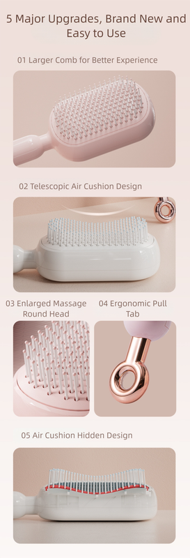 Pink Innovative Self-Cleaning Cushion Hairbrush - Retractable Bristle Detangling & Scalp Massager V888-ELOSUNG36477