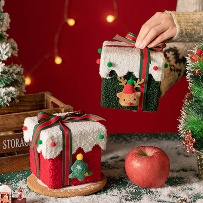 White and Green Luxe Plush Christmas Gift Box - Decorative Holiday Treat Box with Snowy Trim V888-ELOSUNG36488