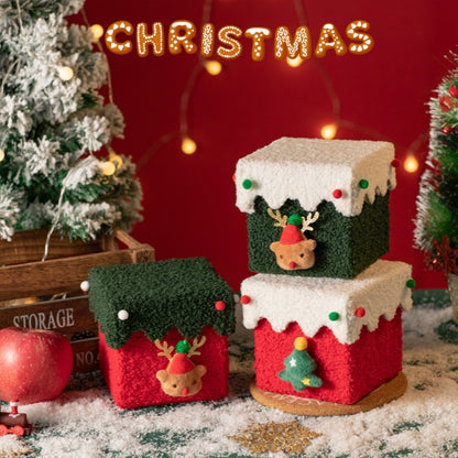 White and Green Luxe Plush Christmas Gift Box - Decorative Holiday Treat Box with Snowy Trim V888-ELOSUNG36488