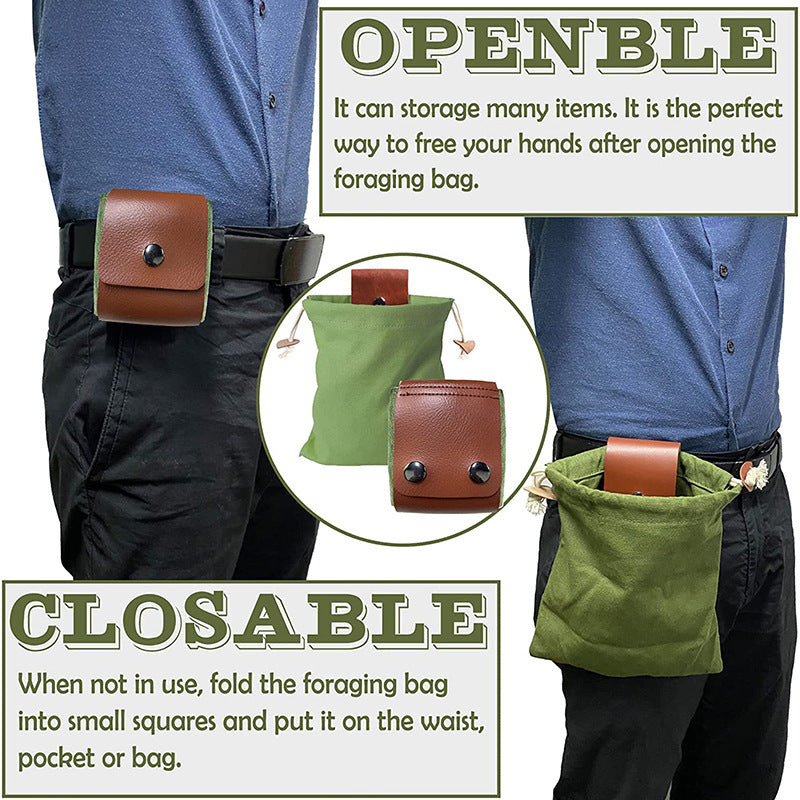 Khaki Collapsible Canvas Foraging Pouch - Hands-Free Belt Bag for Hiking & Camping Activities V888-ELOSUNG36498