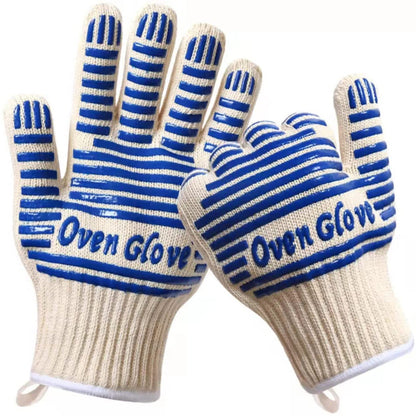 Blue and White Extreme Heat Resistant BBQ Gloves - Cut-Resistant Oven Mitts with Non-Slip Silicone Grip V888-ELOSUNG36499