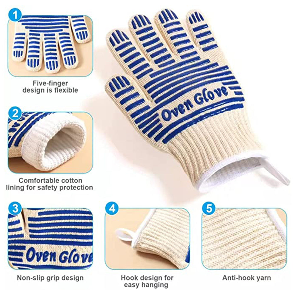 Blue and White Extreme Heat Resistant BBQ Gloves - Cut-Resistant Oven Mitts with Non-Slip Silicone Grip V888-ELOSUNG36499