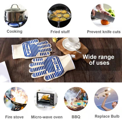 Blue and White Extreme Heat Resistant BBQ Gloves - Cut-Resistant Oven Mitts with Non-Slip Silicone Grip V888-ELOSUNG36499