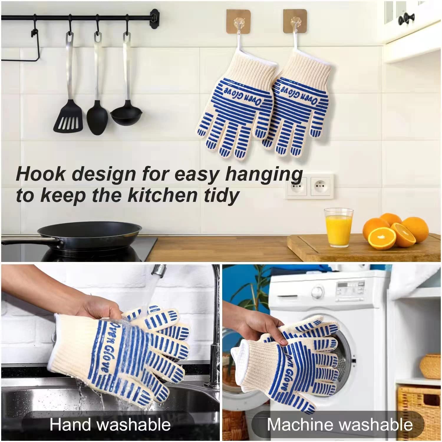 Blue and White Extreme Heat Resistant BBQ Gloves - Cut-Resistant Oven Mitts with Non-Slip Silicone Grip V888-ELOSUNG36499