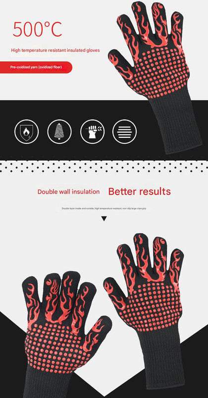 Black Flame Pattern Extreme Heat Resistant BBQ Gloves - 500 degrees C Flame Design Oven Gloves with Non-Slip V888-ELOSUNG36501