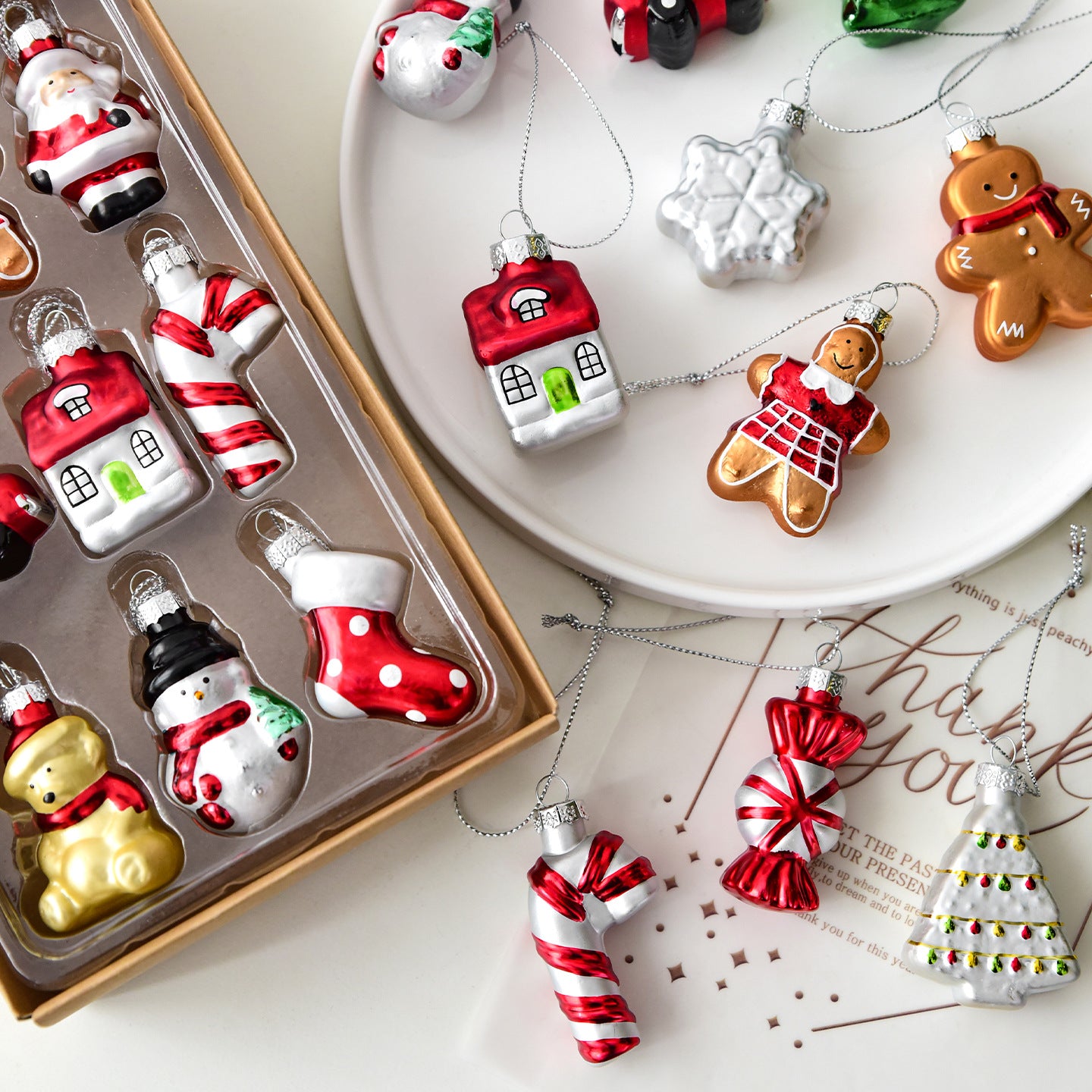 Style C Colorful Dainty Miniature Glass Christmas Ornament Set - 6pc Micro Holiday Characters V888-ELOSUNG36512