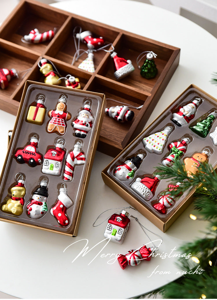 Style C Colorful Dainty Miniature Glass Christmas Ornament Set - 6pc Micro Holiday Characters V888-ELOSUNG36512