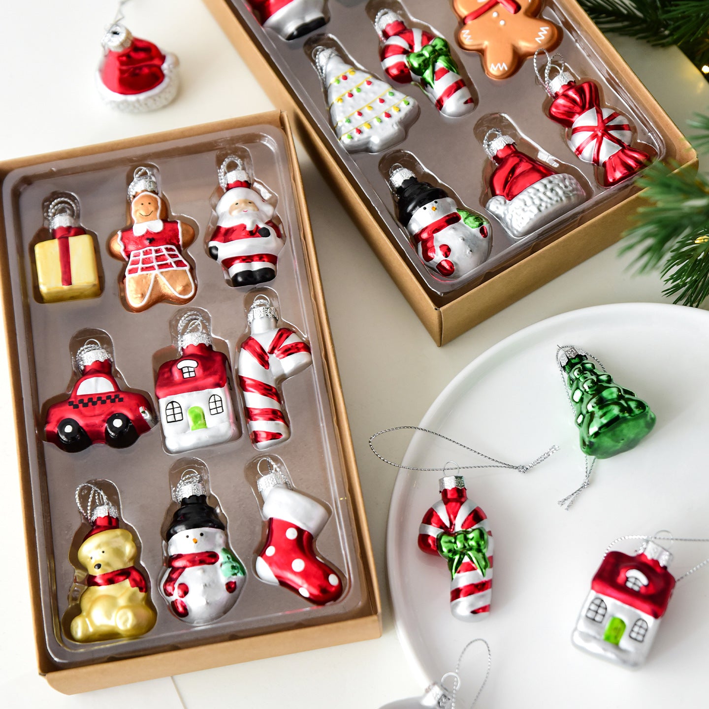 Style C Colorful Dainty Miniature Glass Christmas Ornament Set - 6pc Micro Holiday Characters V888-ELOSUNG36512
