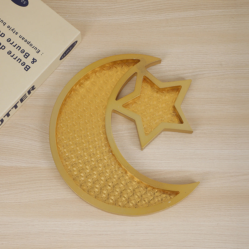2 Pcs Gold Textured Elegant Celestial Moon & Star Serving Tray - Gold Finish Decorative Platter for Home & V888-ELOSUNG36516