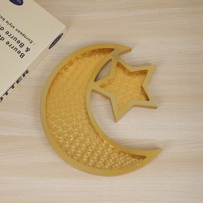2 Pcs Gold Textured Elegant Celestial Moon & Star Serving Tray - Gold Finish Decorative Platter for Home & V888-ELOSUNG36516