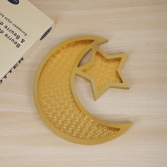2 Pcs Gold Textured Elegant Celestial Moon & Star Serving Tray - Gold Finish Decorative Platter for Home & V888-ELOSUNG36516