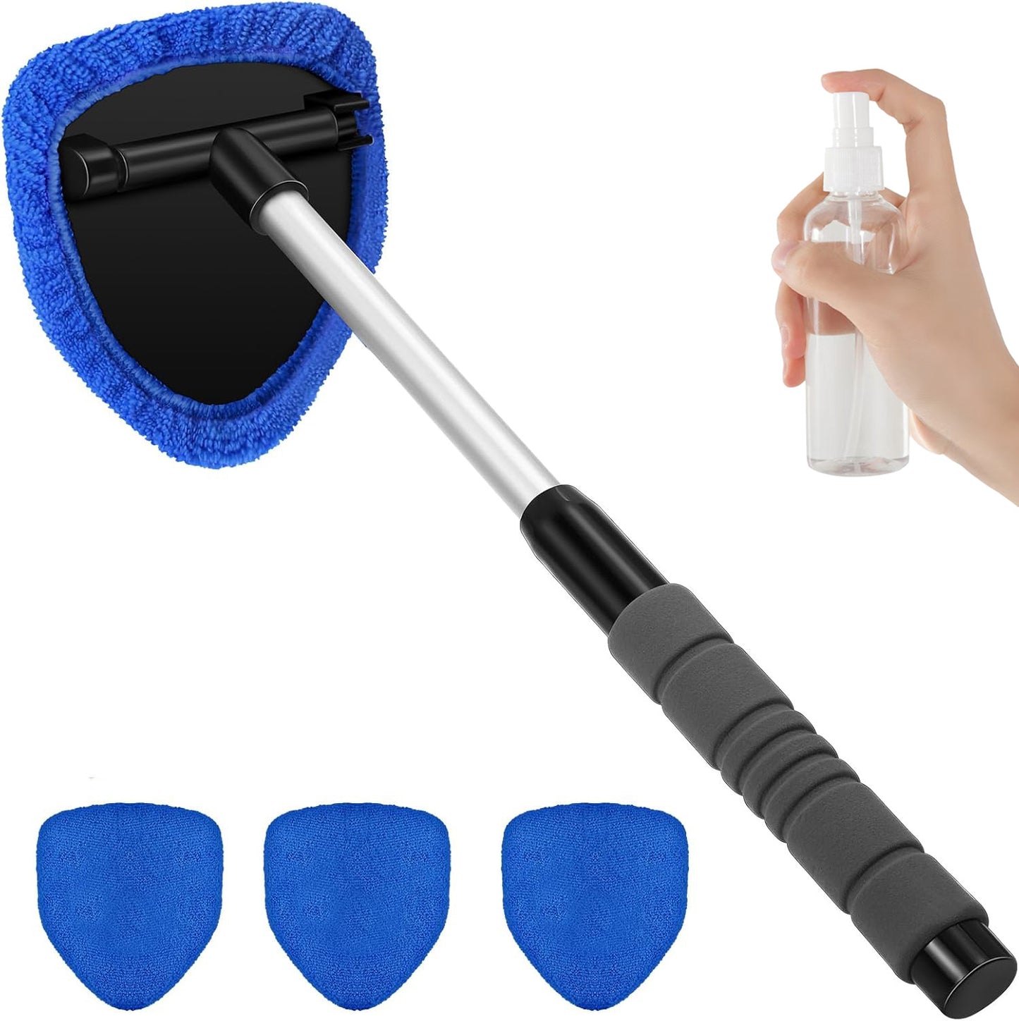 Blue Car Windshield Cleaner Tool, Inside with 4 Reusable and Washable Microfiber Pads and Extendable Handle, V888-ELOSUNG36521