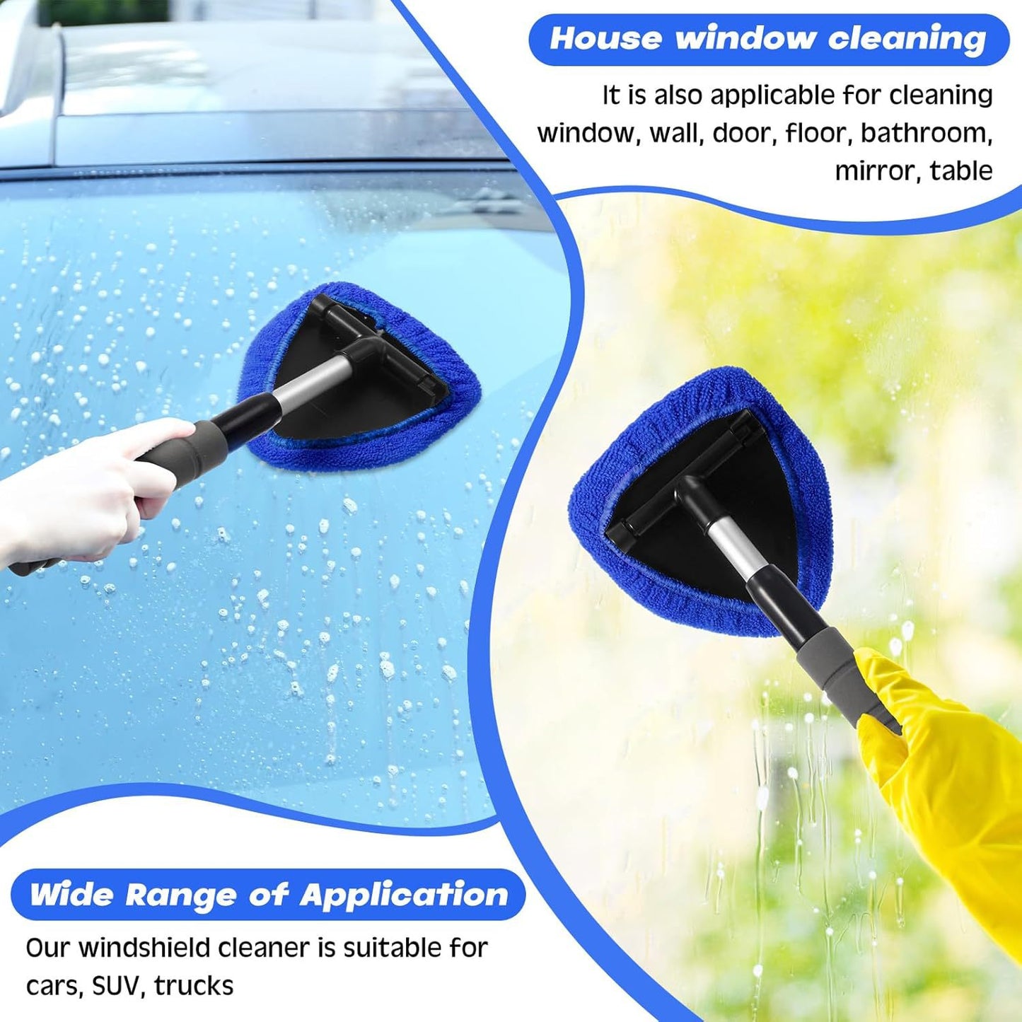 Blue Car Windshield Cleaner Tool, Inside with 4 Reusable and Washable Microfiber Pads and Extendable Handle, V888-ELOSUNG36521