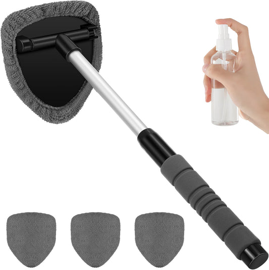 Black Car Windshield Cleaner Tool, Inside with 4 Reusable and Washable Microfiber Pads and Extendable Handle, V888-ELOSUNG36522