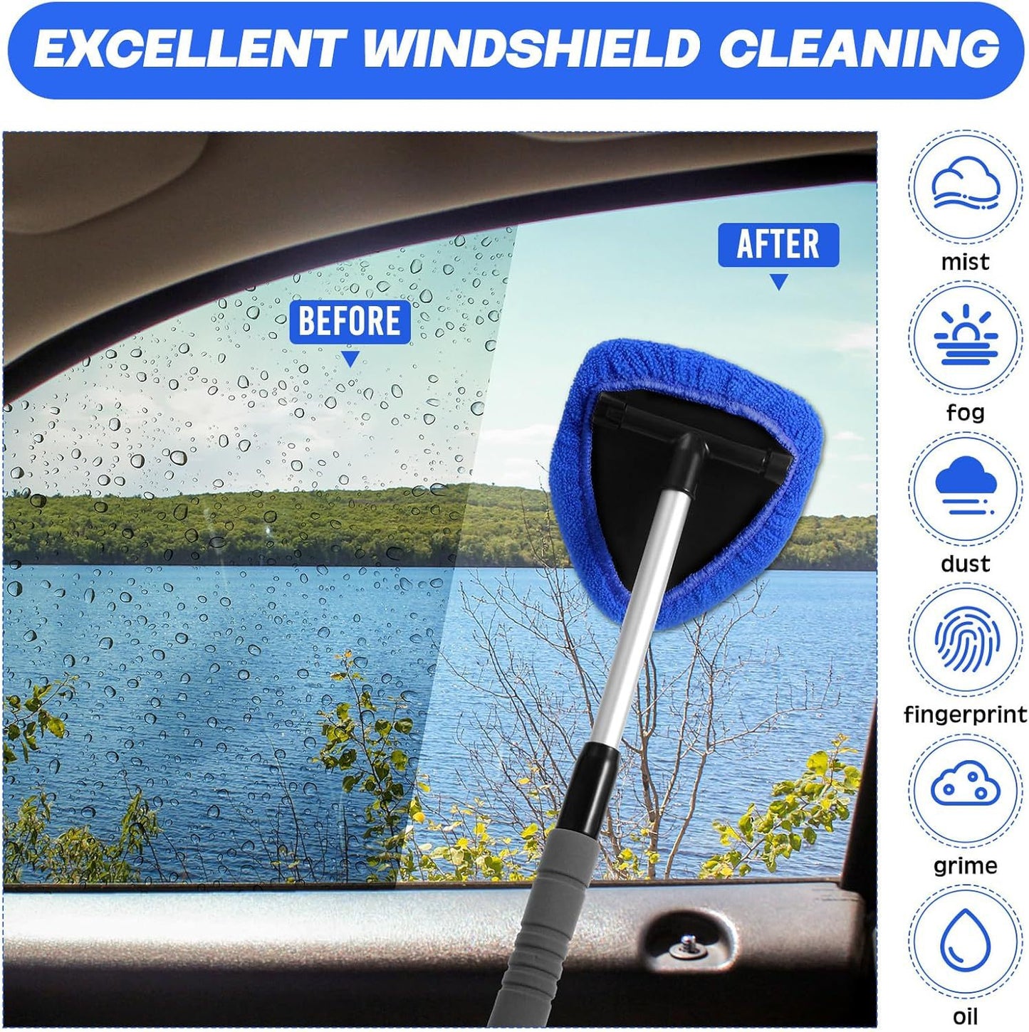Black Car Windshield Cleaner Tool, Inside with 4 Reusable and Washable Microfiber Pads and Extendable Handle, V888-ELOSUNG36522
