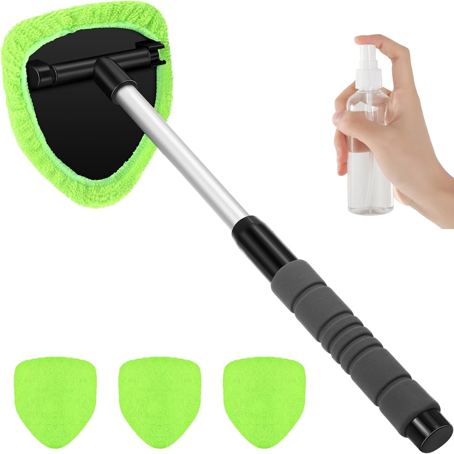 Green Car Windshield Cleaner Tool, Inside with 4 Reusable and Washable Microfiber Pads and Extendable Handle, V888-ELOSUNG36523