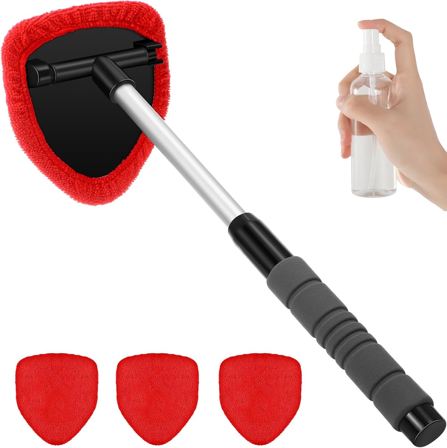 Red Car Windshield Cleaner Tool, Inside with 4 Reusable and Washable Microfiber Pads and Extendable Handle, V888-ELOSUNG36524