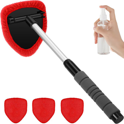 Red Car Windshield Cleaner Tool, Inside with 4 Reusable and Washable Microfiber Pads and Extendable Handle, V888-ELOSUNG36524