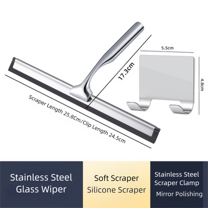 Silver Premium Stainless Steel Shower Squeegee with Adhesive Hook Holder - Streak-Free Blade for Glass Doors, V888-ELOSUNG36527
