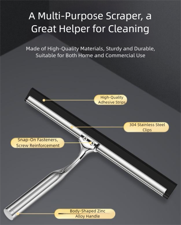 Silver Premium Stainless Steel Shower Squeegee with Adhesive Hook Holder - Streak-Free Blade for Glass Doors, V888-ELOSUNG36527