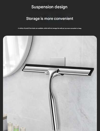 Silver Premium Stainless Steel Shower Squeegee with Adhesive Hook Holder - Streak-Free Blade for Glass Doors, V888-ELOSUNG36527
