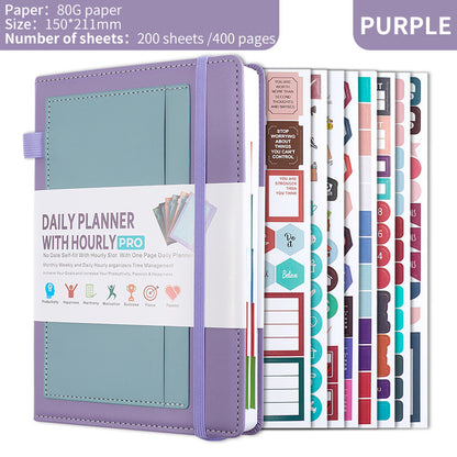 Purple A5 PU Leather Agenda for Productivity & Time Management-Undated Daily & Hourly Planner Pro V888-ELOSUNG36528