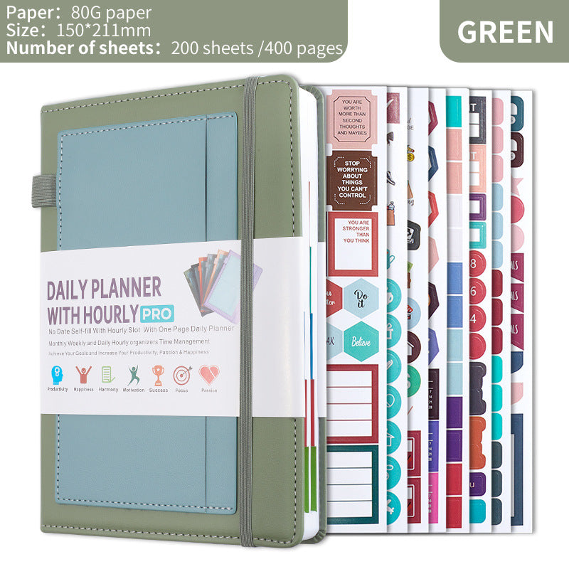Green A5 PU Leather Agenda for Productivity & Time Management-Undated Daily & Hourly Planner Pro V888-ELOSUNG36529