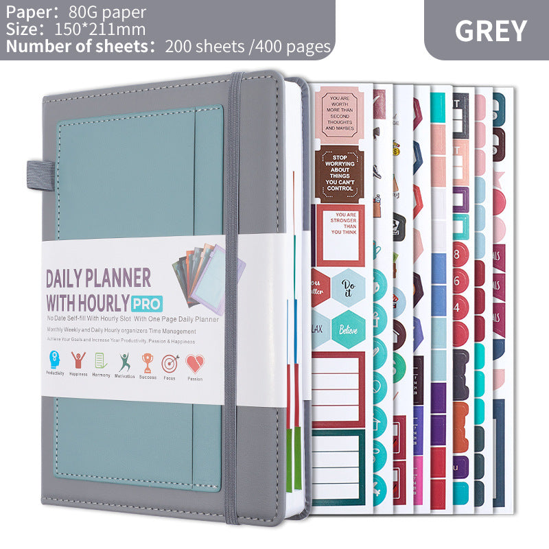 Grey A5 PU Leather Agenda for Productivity & Time Management-Undated Daily & Hourly Planner Pro V888-ELOSUNG36530
