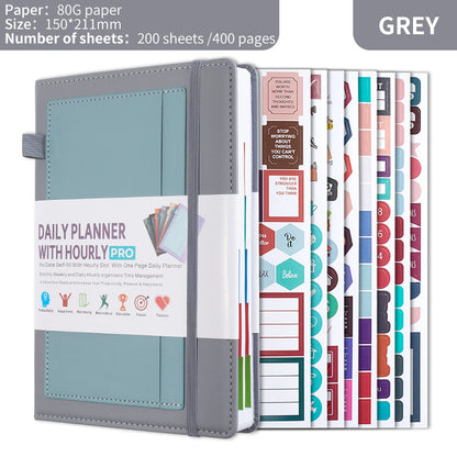 Grey A5 PU Leather Agenda for Productivity & Time Management-Undated Daily & Hourly Planner Pro V888-ELOSUNG36530