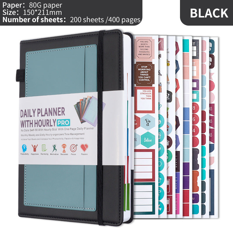 Black A5 PU Leather Agenda for Productivity & Time Management-Undated Daily & Hourly Planner Pro V888-ELOSUNG36531